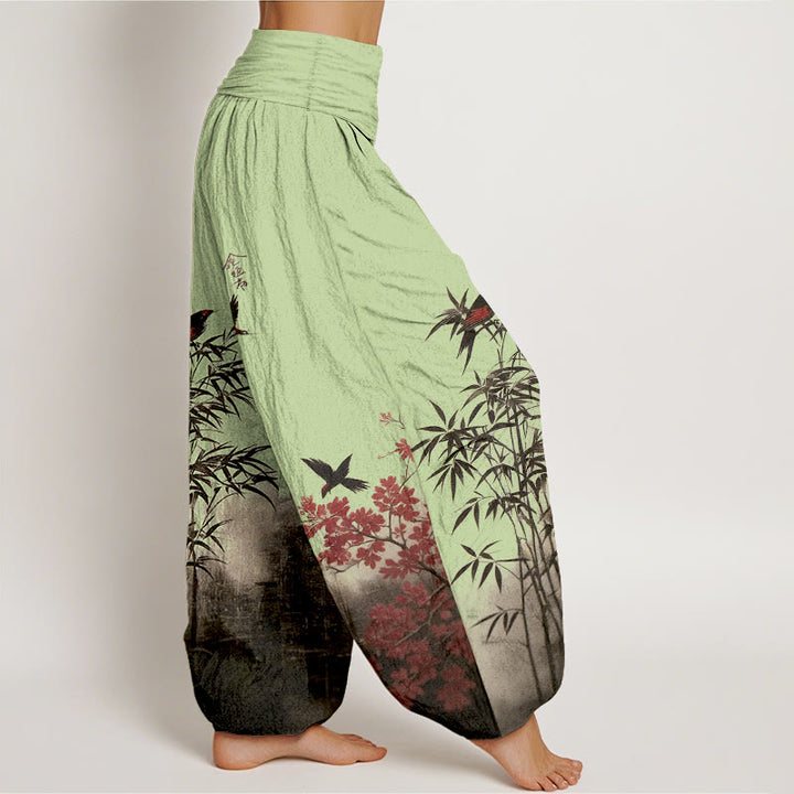 Buddha Stones Pantalones harén de algodón con estampado clásico de flores de bambú y pájaros para mujer, cintura elástica - image 7