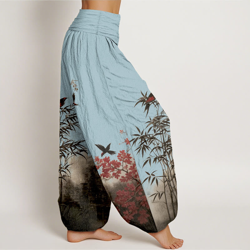 Buddha Stones Pantalones harén de algodón con estampado clásico de flores de bambú y pájaros para mujer, cintura elástica - image 10