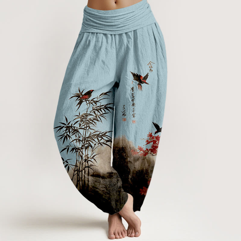 Buddha Stones Pantalones harén de algodón con estampado clásico de flores de bambú y pájaros para mujer, cintura elástica - Azul cielo claro - US16，UK/AU20，EU48 (3XL) - image 8