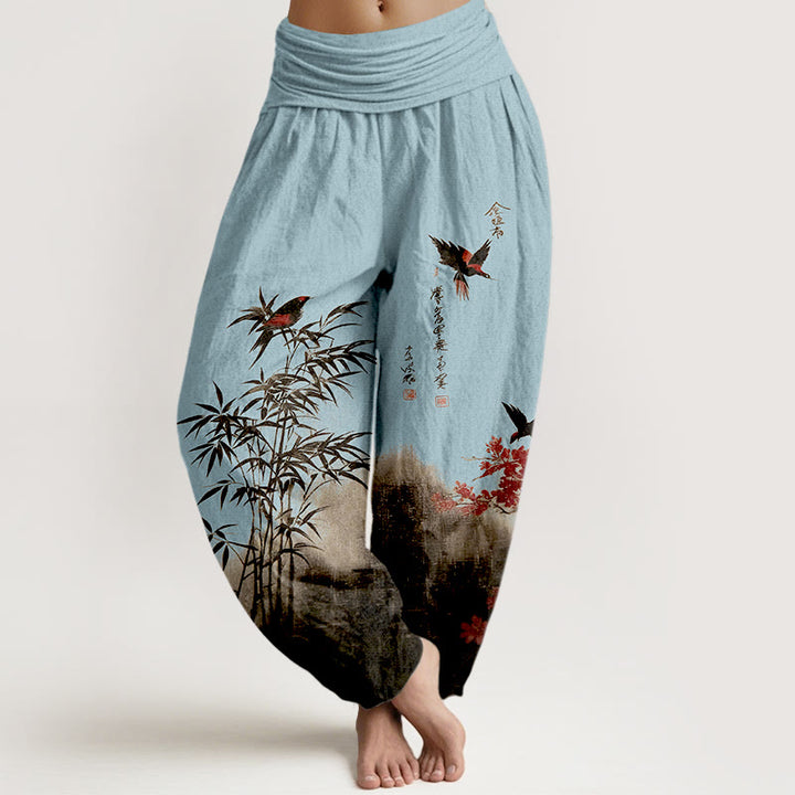 Buddha Stones Pantalones harén de algodón con estampado clásico de flores de bambú y pájaros para mujer, cintura elástica - Azul cielo claro - US16，UK/AU20，EU48 (3XL) - image 8