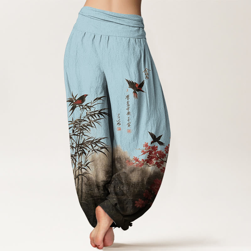 Buddha Stones Pantalones harén de algodón con estampado clásico de flores de bambú y pájaros para mujer, cintura elástica - image 9