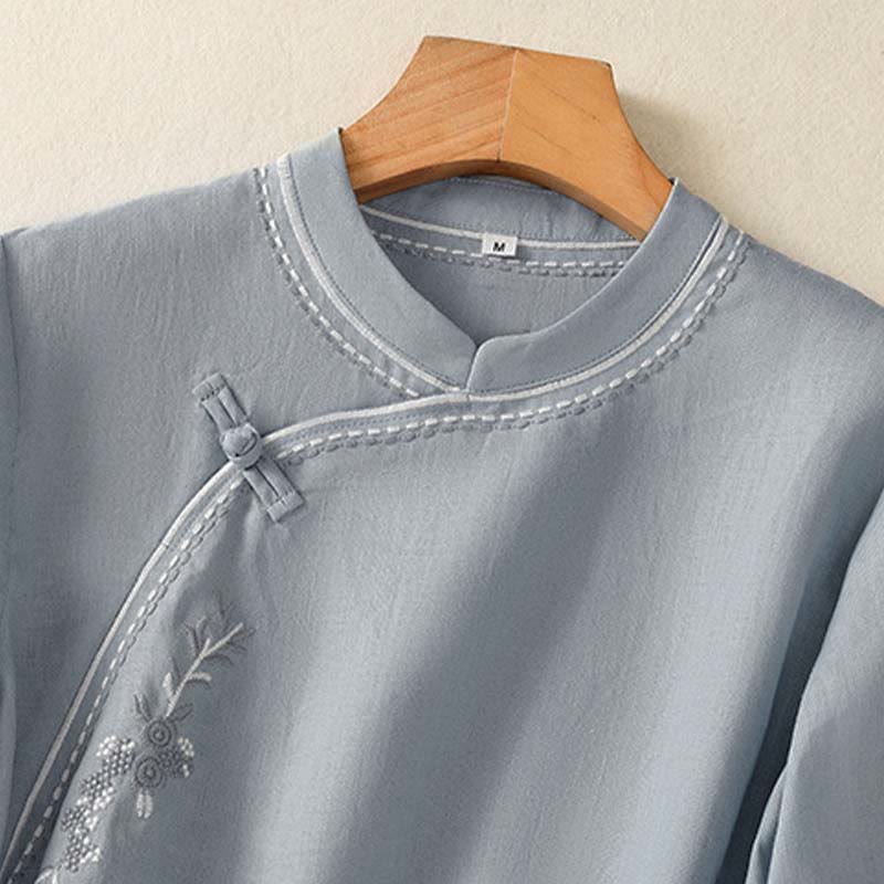 Buddha Stones Camisa de algodón con cuello alto, manga corta, lisa, con botones de rana y bolsillo para mujer de verano - image 3