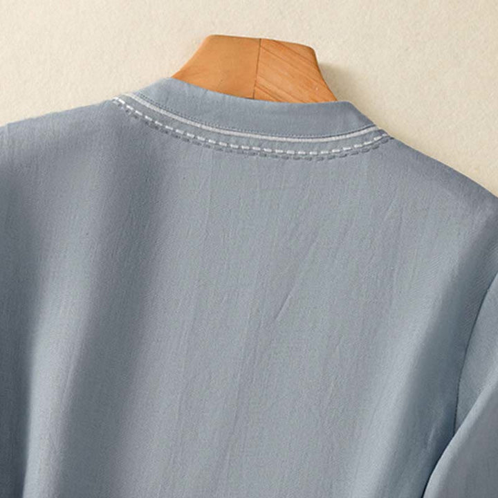 Buddha Stones Camisa de algodón con cuello alto, manga corta, lisa, con botones de rana y bolsillo para mujer de verano - image 9