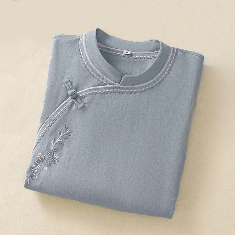 Buddha Stones Camisa de algodón con cuello alto, manga corta, lisa, con botones de rana y bolsillo para mujer de verano - image 1