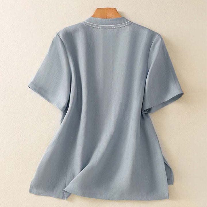 Buddha Stones Camisa de algodón con cuello alto, manga corta, lisa, con botones de rana y bolsillo para mujer de verano - image 2