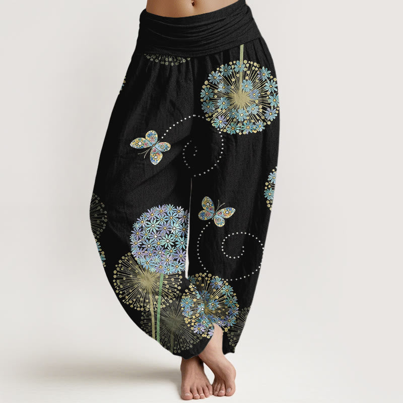 Buddha Stones Pantalones harén de algodón con estampado de mariposa y diente de león para mujer, cintura elástica - Negro - US16，UK/AU20，EU48 (3XL) - image 0