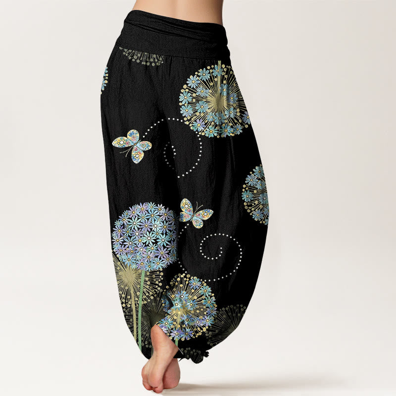 Buddha Stones Pantalones harén de algodón con estampado de mariposa y diente de león para mujer, cintura elástica - image 1