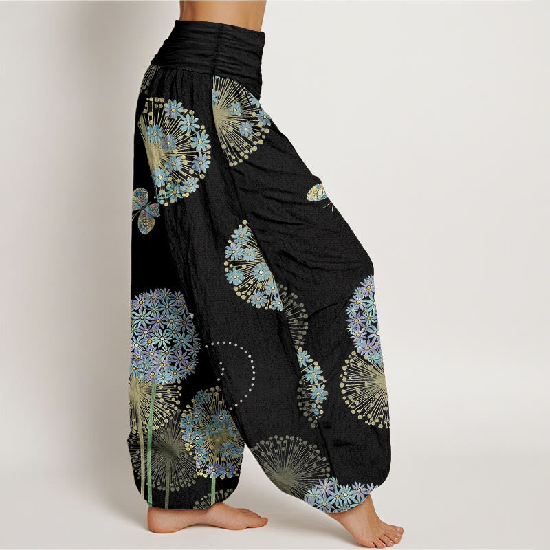 Buddha Stones Pantalones harén de algodón con estampado de mariposa y diente de león para mujer, cintura elástica - image 2