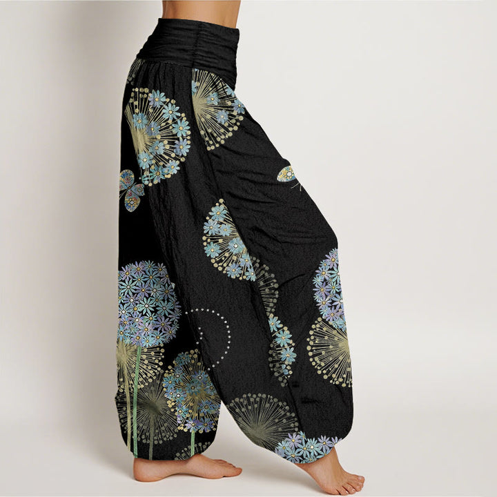 Buddha Stones Pantalones harén de algodón con estampado de mariposa y diente de león para mujer, cintura elástica - image 2