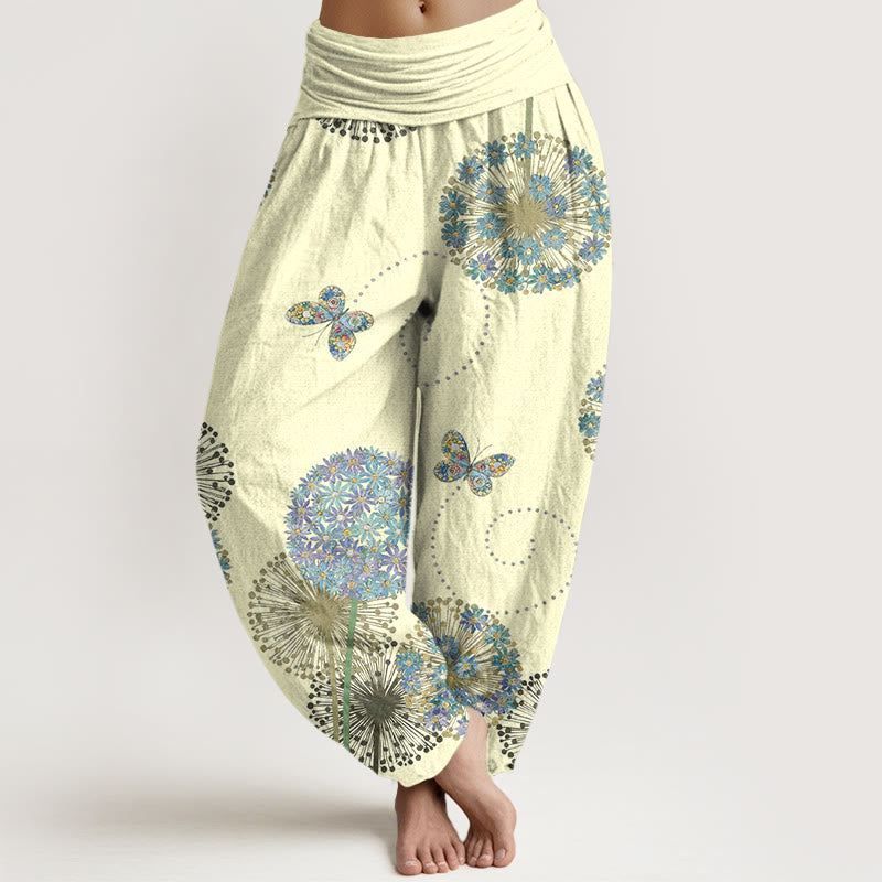 Buddha Stones Pantalones harén de algodón con estampado de mariposa y diente de león para mujer, cintura elástica - LimónChiffon - US16，UK/AU20，EU48 (3XL) - image 5