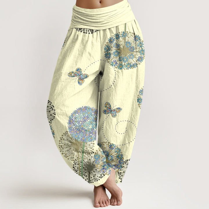 Buddha Stones Pantalones harén de algodón con estampado de mariposa y diente de león para mujer, cintura elástica - LimónChiffon - US16，UK/AU20，EU48 (3XL) - image 5