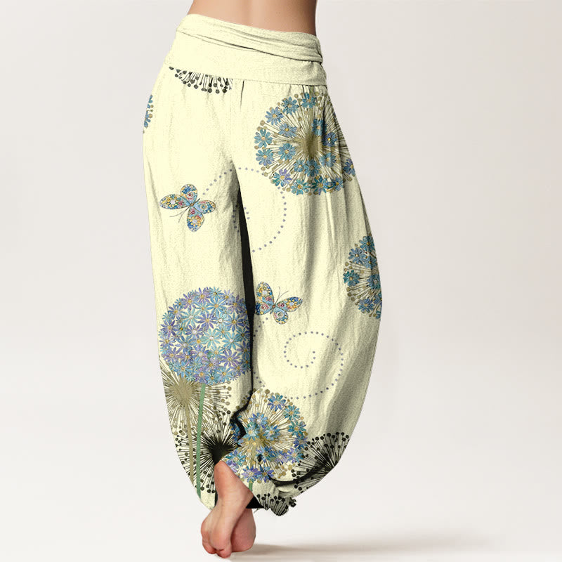 Buddha Stones Pantalones harén de algodón con estampado de mariposa y diente de león para mujer, cintura elástica - image 6