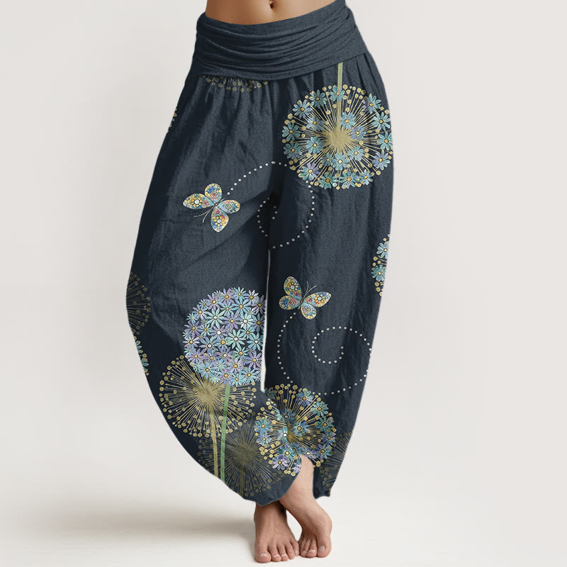 Buddha Stones Pantalones harén de algodón con estampado de mariposa y diente de león para mujer, cintura elástica - Gris pizarra oscuro - US16，UK/AU20，EU48 (3XL) - image 8