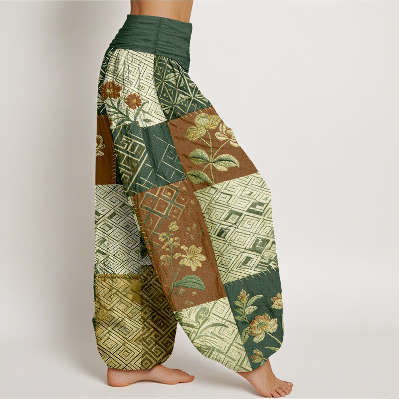 Buddha Stones Pantalones harén de algodón con diseño geométrico de flores y bloques de color para mujer, cintura elástica - image 10