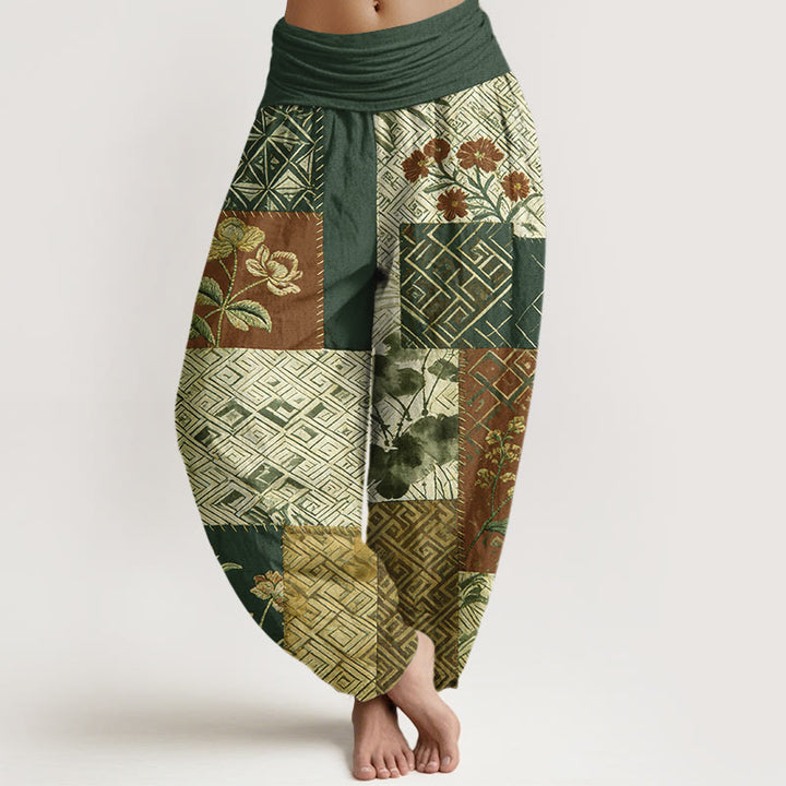Buddha Stones Pantalones harén de algodón con diseño geométrico de flores y bloques de color para mujer, cintura elástica - Verde oscuro - US16，UK/AU20，EU48 (3XL) - image 8