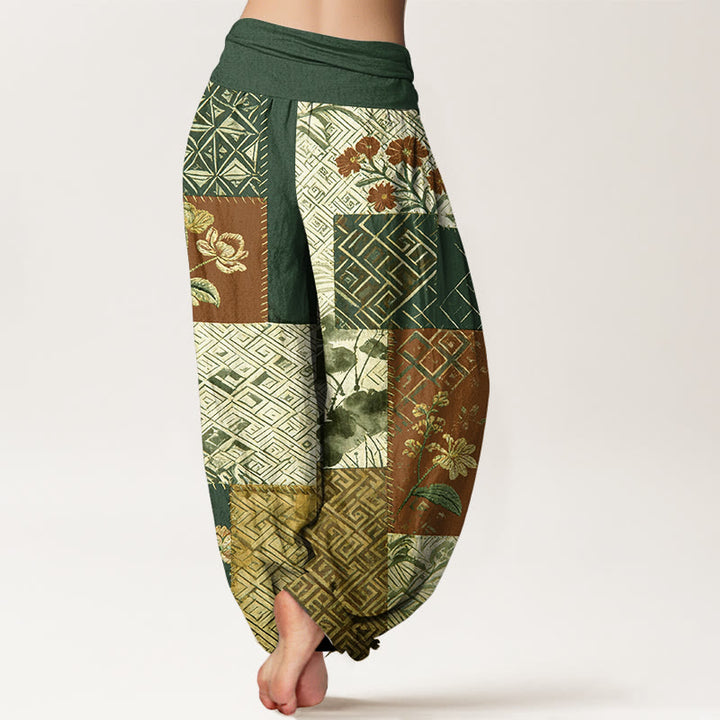 Buddha Stones Pantalones harén de algodón con diseño geométrico de flores y bloques de color para mujer, cintura elástica - image 9