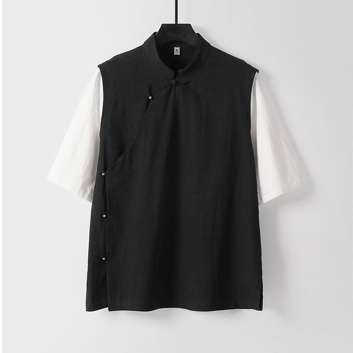 Buddha Stones Camisa de algodón para hombre, 2 en 1, de verano, con cuello alto, manga corta y botones de rana - Negro - US/UK/AU54, EU64 (9XL) - image 4