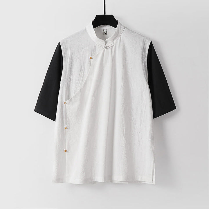 Buddha Stones Camisa de algodón para hombre, 2 en 1, de verano, con cuello alto, manga corta y botones de rana - Blanco - US/UK/AU54, EU64 (9XL) - image 2