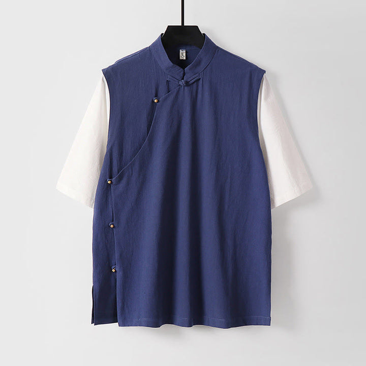 Buddha Stones Camisa de algodón para hombre, 2 en 1, de verano, con cuello alto, manga corta y botones de rana - Azul oscuro - US/UK/AU54, EU64 (9XL) - image 14