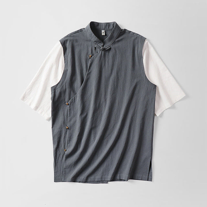 Buddha Stones Camisa de algodón para hombre, 2 en 1, de verano, con cuello alto, manga corta y botones de rana - image 1