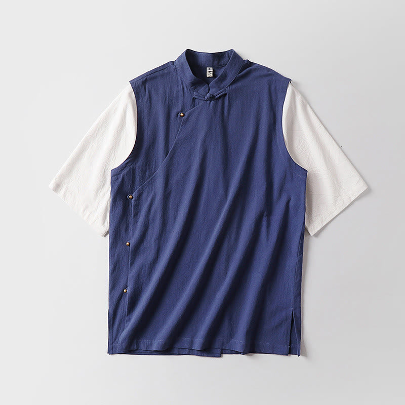 Buddha Stones Camisa de algodón para hombre, 2 en 1, de verano, con cuello alto, manga corta y botones de rana - image 15