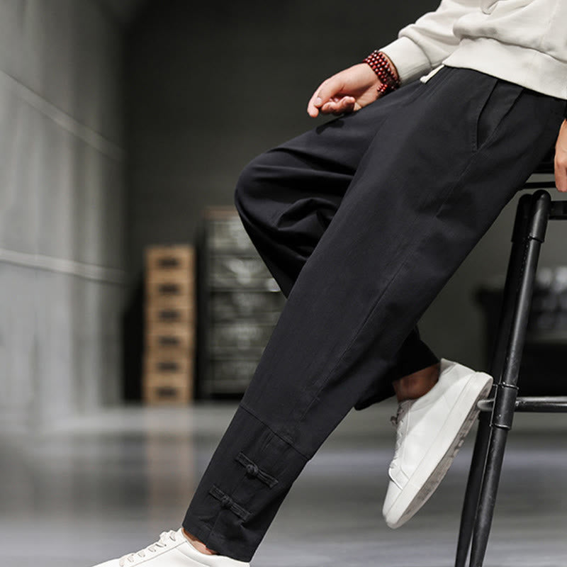 Buddha Stones Pantalones de algodón para hombre con cintura elástica, cordón ajustable, botones de rana y bolsillos hasta el tobillo - image 20