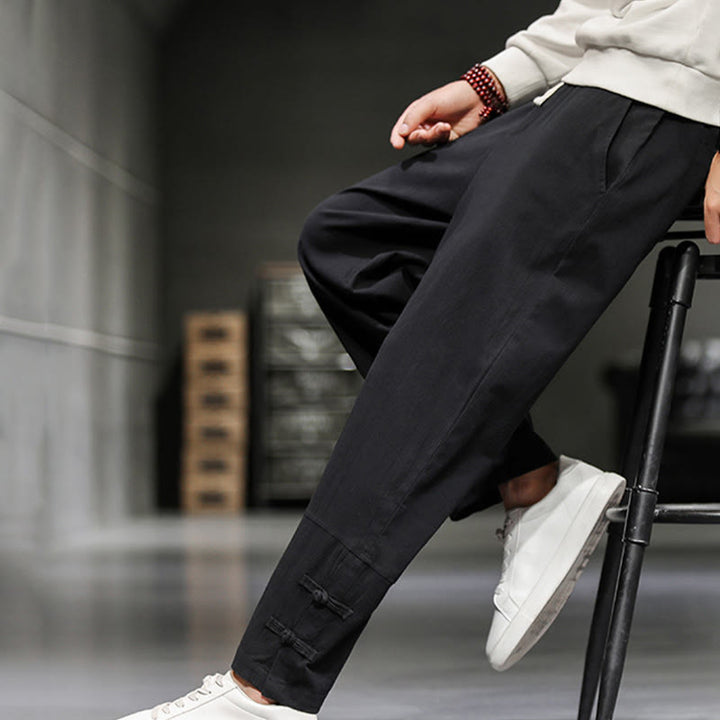 Buddha Stones Pantalones de algodón para hombre con cintura elástica, cordón ajustable, botones de rana y bolsillos hasta el tobillo - image 20