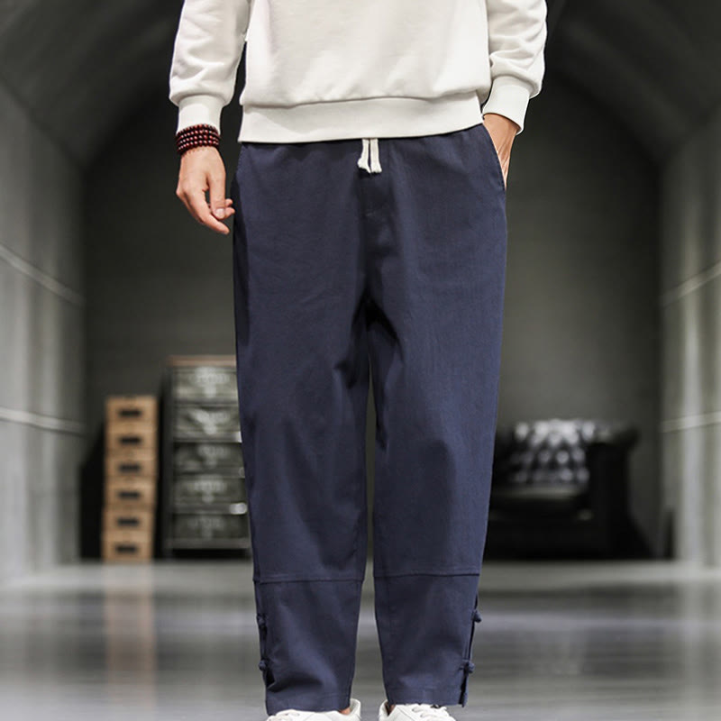 Buddha Stones Pantalones de algodón para hombre con cintura elástica, cordón ajustable, botones de rana y bolsillos hasta el tobillo - Azul oscuro - US/UK/AU46, EU56 (5XL) - image 29