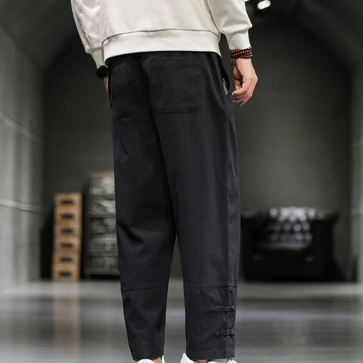 Buddha Stones Pantalones de algodón para hombre con cintura elástica, cordón ajustable, botones de rana y bolsillos hasta el tobillo - image 24