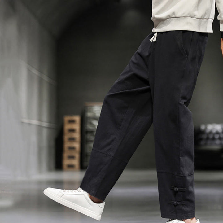 Buddha Stones Pantalones de algodón para hombre con cintura elástica, cordón ajustable, botones de rana y bolsillos hasta el tobillo - image 21