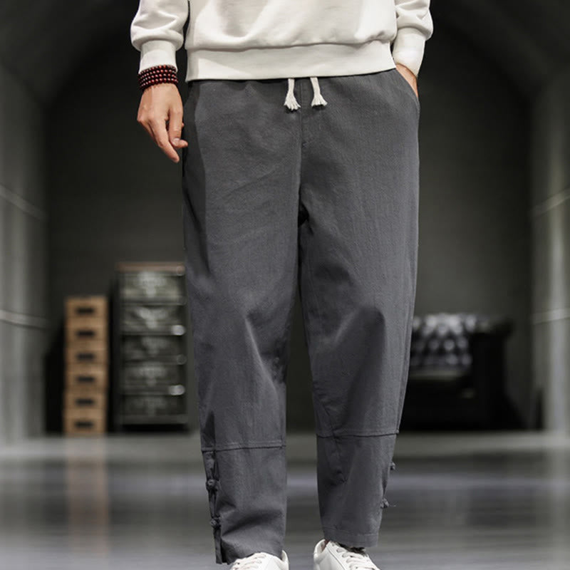 Buddha Stones Pantalones de algodón para hombre con cintura elástica, cordón ajustable, botones de rana y bolsillos hasta el tobillo - Gris - US/UK/AU46, EU56 (5XL) - image 9