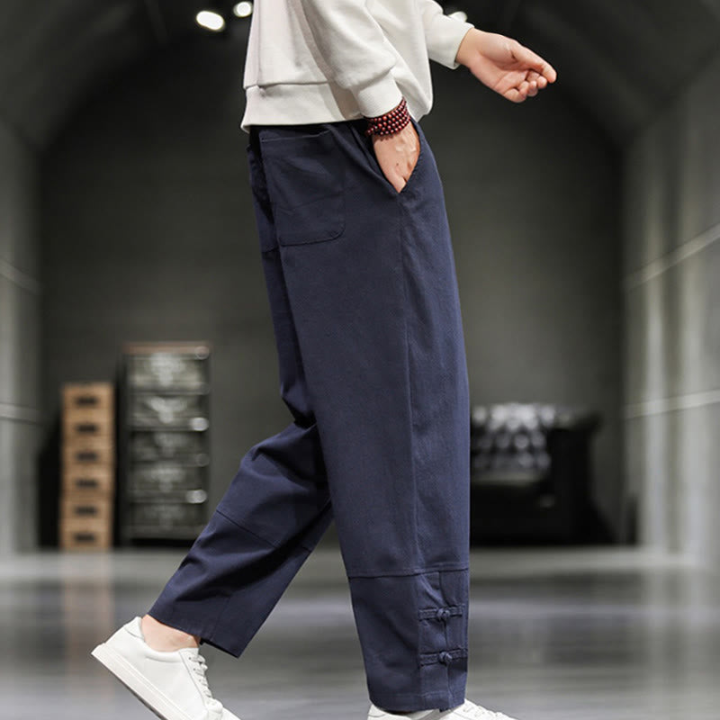 Buddha Stones Pantalones de algodón para hombre con cintura elástica, cordón ajustable, botones de rana y bolsillos hasta el tobillo - image 35
