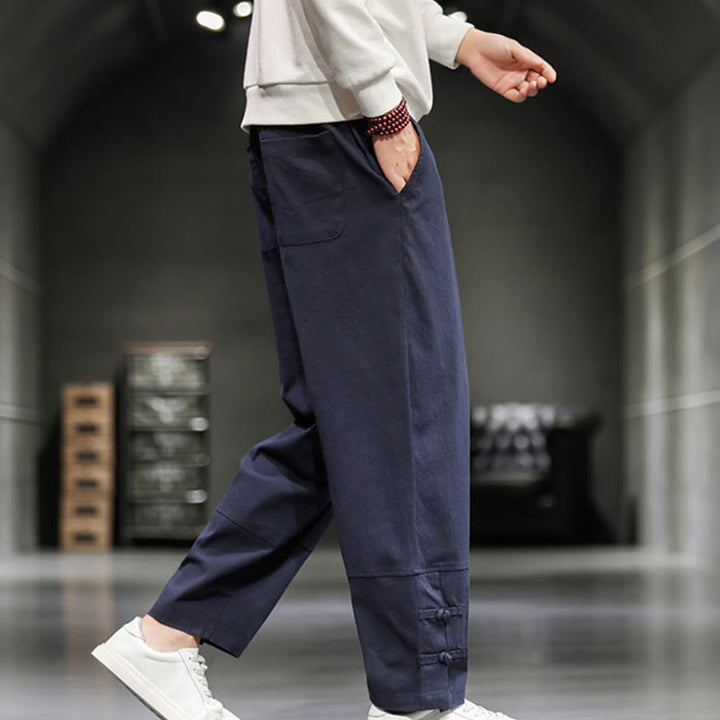 Buddha Stones Pantalones de algodón para hombre con cintura elástica, cordón ajustable, botones de rana y bolsillos hasta el tobillo - image 35
