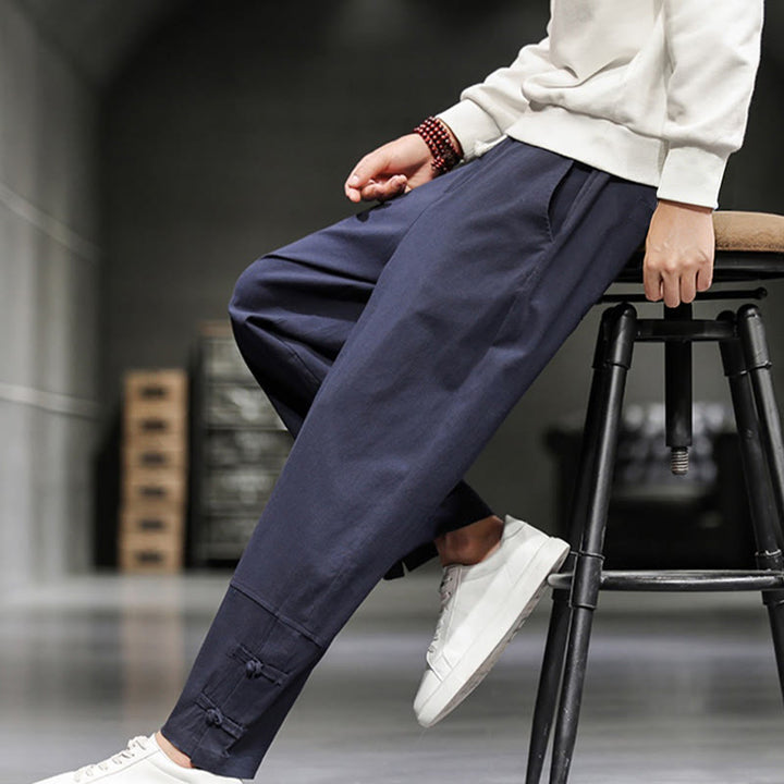 Buddha Stones Pantalones de algodón para hombre con cintura elástica, cordón ajustable, botones de rana y bolsillos hasta el tobillo - image 33