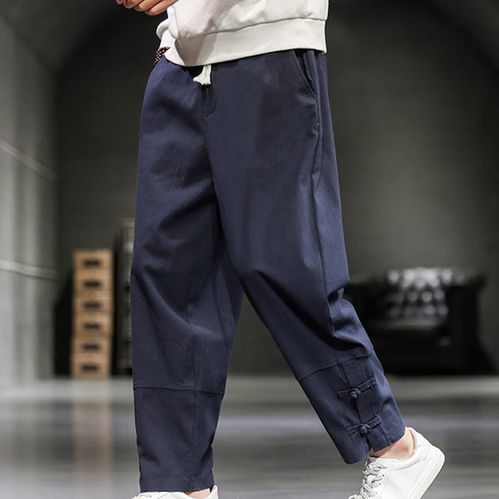 Buddha Stones Pantalones de algodón para hombre con cintura elástica, cordón ajustable, botones de rana y bolsillos hasta el tobillo - image 32