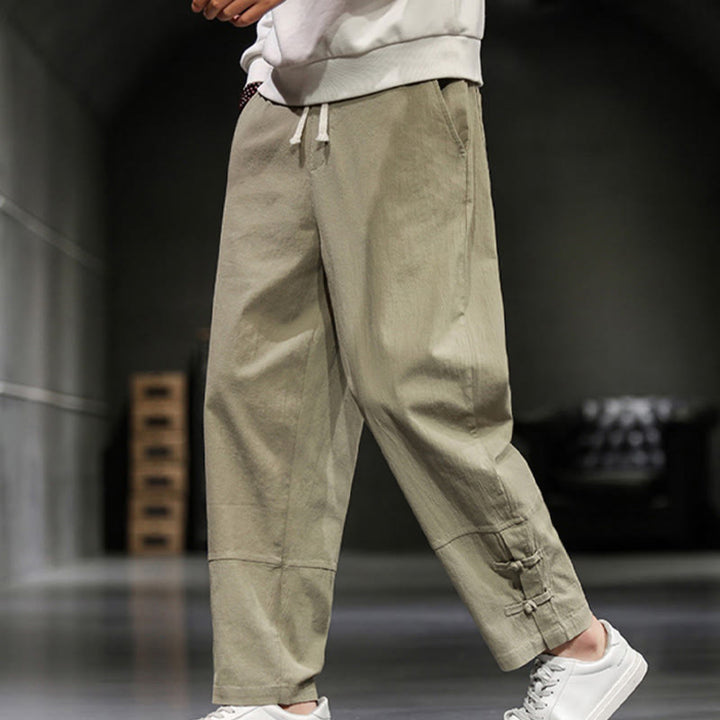 Buddha Stones Pantalones de algodón para hombre con cintura elástica, cordón ajustable, botones de rana y bolsillos hasta el tobillo - image 6