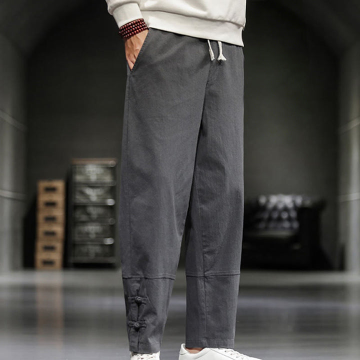 Buddha Stones Pantalones de algodón para hombre con cintura elástica, cordón ajustable, botones de rana y bolsillos hasta el tobillo - image 11
