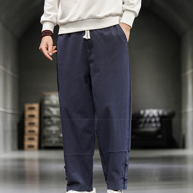 Buddha Stones Pantalones de algodón para hombre con cintura elástica, cordón ajustable, botones de rana y bolsillos hasta el tobillo - image 30