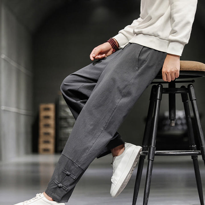 Buddha Stones Pantalones de algodón para hombre con cintura elástica, cordón ajustable, botones de rana y bolsillos hasta el tobillo - image 12