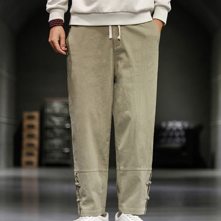Buddha Stones Pantalones de algodón para hombre con cintura elástica, cordón ajustable, botones de rana y bolsillos hasta el tobillo - image 1