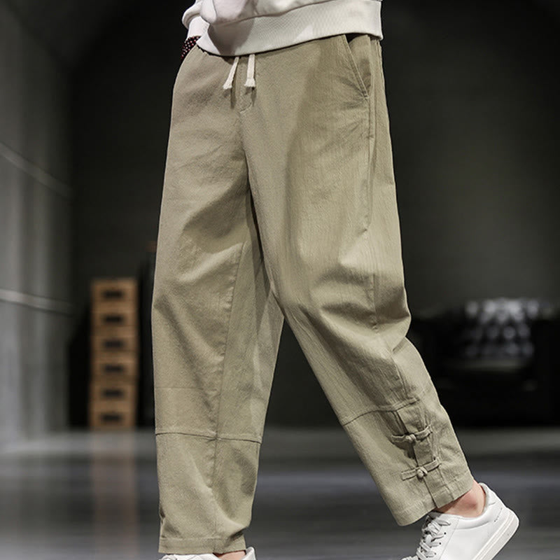Buddha Stones Pantalones de algodón para hombre con cintura elástica, cordón ajustable, botones de rana y bolsillos hasta el tobillo - image 5