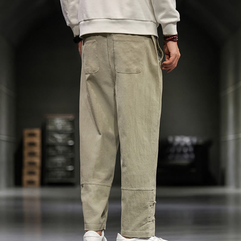 Buddha Stones Pantalones de algodón para hombre con cintura elástica, cordón ajustable, botones de rana y bolsillos hasta el tobillo - image 8