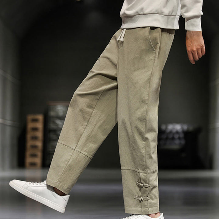 Buddha Stones Pantalones de algodón para hombre con cintura elástica, cordón ajustable, botones de rana y bolsillos hasta el tobillo - image 4