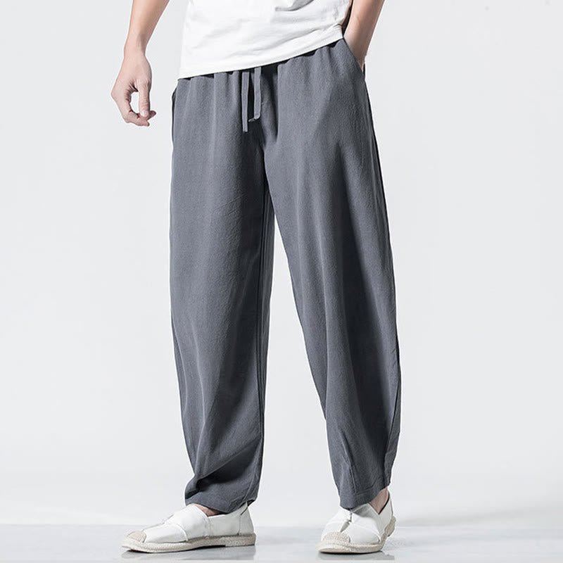 Buddha Stones Pantalones de algodón para hombre con cintura elástica y cordón ajustable hasta el tobillo con bolsillos - image 3