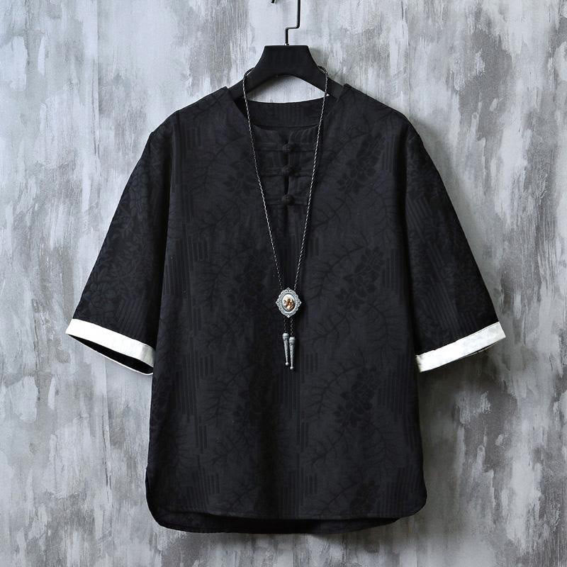 Buddha Stones Camisa de algodón para hombre de media manga con botones de rana y estampado floral de verano - Negro - US/UK/AU48, EU58 (6XL) - image 10