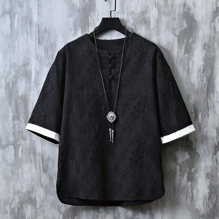 Buddha Stones Camisa de algodón para hombre de media manga con botones de rana y estampado floral de verano - Negro - US/UK/AU48, EU58 (6XL) - image 10
