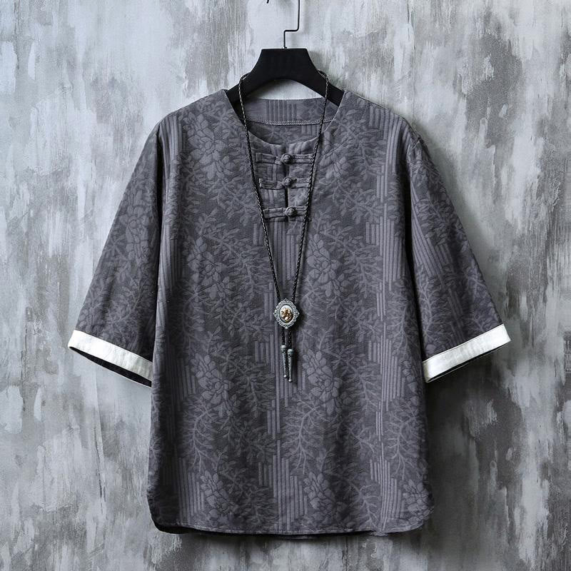 Buddha Stones Camisa de algodón para hombre de media manga con botones de rana y estampado floral de verano - Gris - US/UK/AU48, EU58 (6XL) - image 3