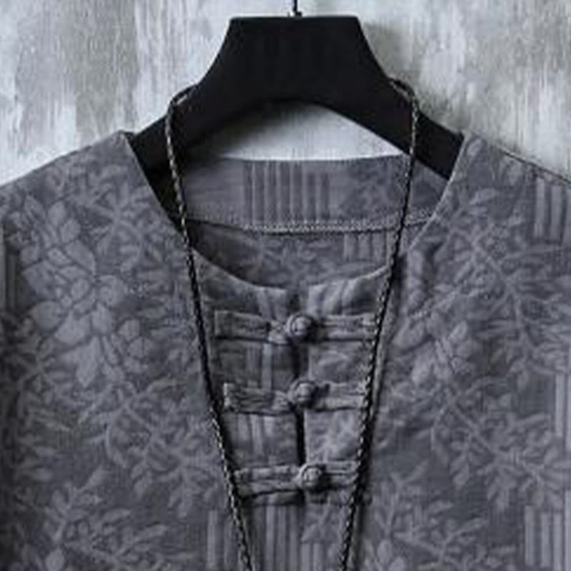 Buddha Stones Camisa de algodón para hombre de media manga con botones de rana y estampado floral de verano - image 5