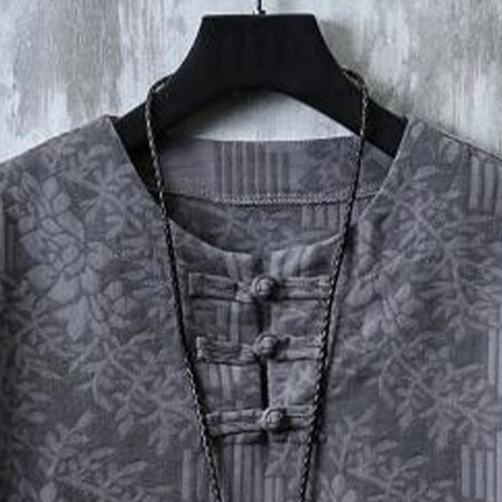 Buddha Stones Camisa de algodón para hombre de media manga con botones de rana y estampado floral de verano - image 5