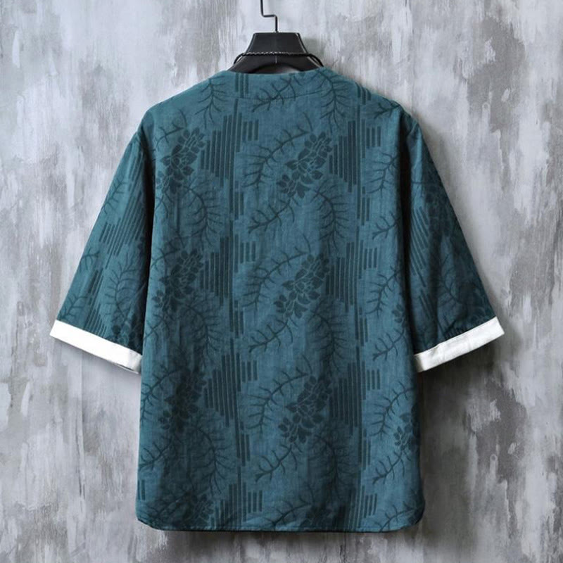 Buddha Stones Camisa de algodón para hombre de media manga con botones de rana y estampado floral de verano - image 1